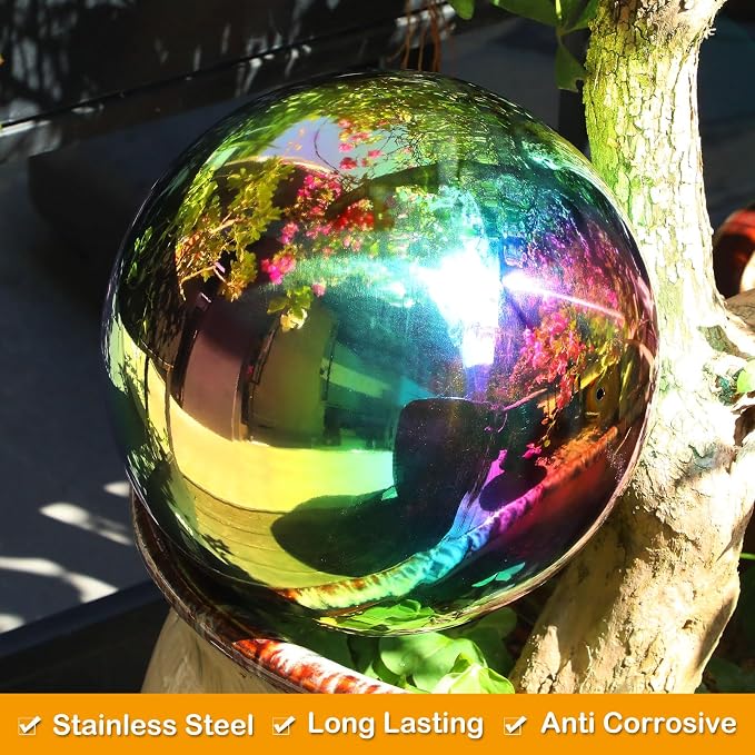 Suzile 2 Pieces Gazing Ball Hollow Gazing Mirror Ball Stainless Steel Garden Globe Gazing Globe Mirrored Surface Polished Ornament Sphere for Garden Outdoor Pool Yard Pond Lawn Home (Rainbow,10 Inch)