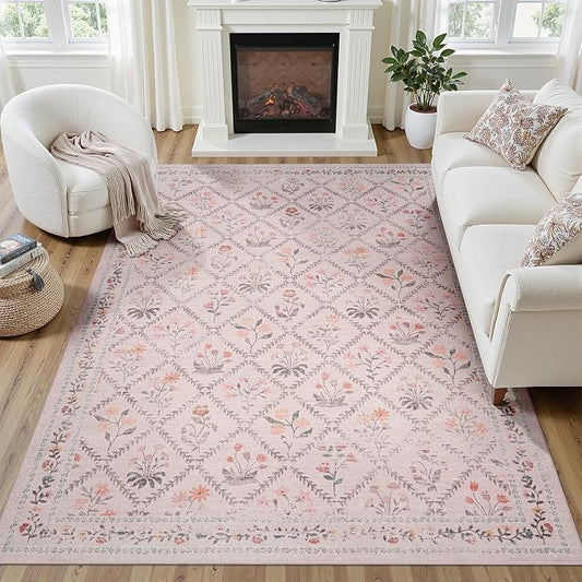 DCX Washable 6x9 Pink Floral Rug for Girls Bedroom | Soft Cottagecore Rug for Baby Girl Nursery, Non Slip Low Pile, Kid & Pet Friendly Vintage Botanical Carpet