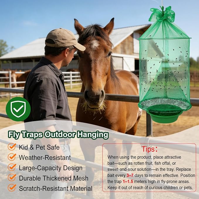 4 Pack Reusable Ranch Fly Trap Hanging, Fly Traps Outdoor Fly Catcher Killer Hunter Cage Control, Farm Horse Stable Fly Trap for Orchard, Barn, Garden