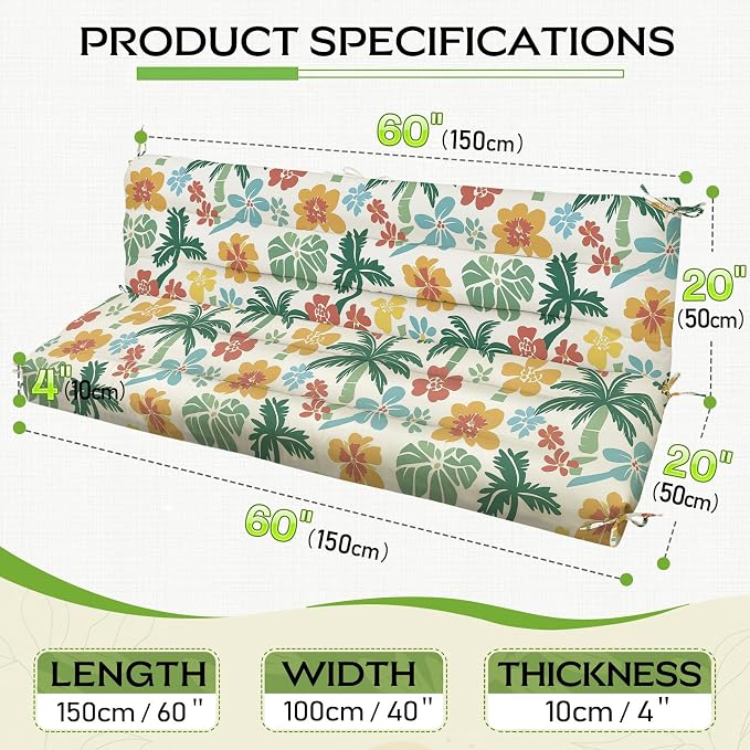 Outdoor Swing Cushion with Backrest, Tie Straps & Memory Foam - Replacement for Porch Bench 2/3 Seater, Oxford Fabric (Tropical RED, 60 INCH × 40 INCH)
