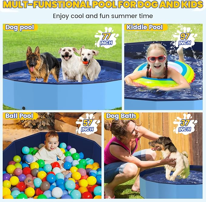 PETOCAT Foldable Pool for Dog and Kids 57" Washing Portable Plastic Tub for Large Dog, Non-Slip Collapsible Kiddie Swimming Wading Pool for Toddler Age 3-5 Outdoor Backyard