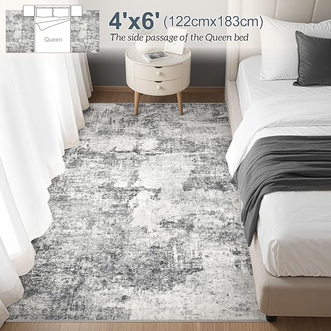 DMOYEST 4x6 Area Rug for Living Room Washable Abstract Indoor Carpet | Neutral Modern Low Pile Rugs Kid & Pet Friendly Soft Thin Carpet for Bedroom Dining Room and Office - Grey