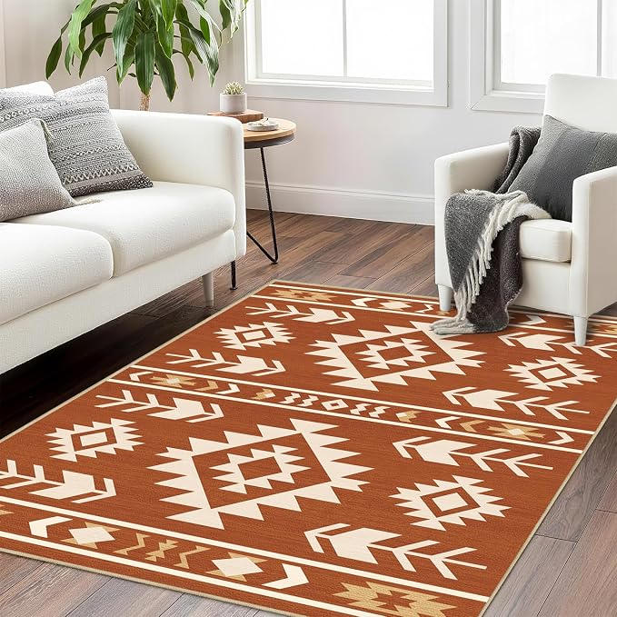 Western Area Rug 4x6 for Living Room, Southwestern Aztec Tribal Area Rugs Southwest Navajo Machine Washable Rug Non-Slip Printed Low-Pile Floor Carpet for Bedroom Dining Room Office, Yellow Brown