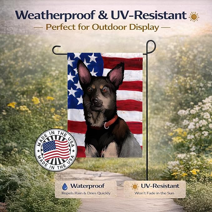 Caroline's Treasures CK6411GF Australian Kelpie American Flag Garden Flag Mailbox Flag Decorative Yard Flag Banner Outside Patio Artwork Yard Flower Beds, Garden Size, Multicolor