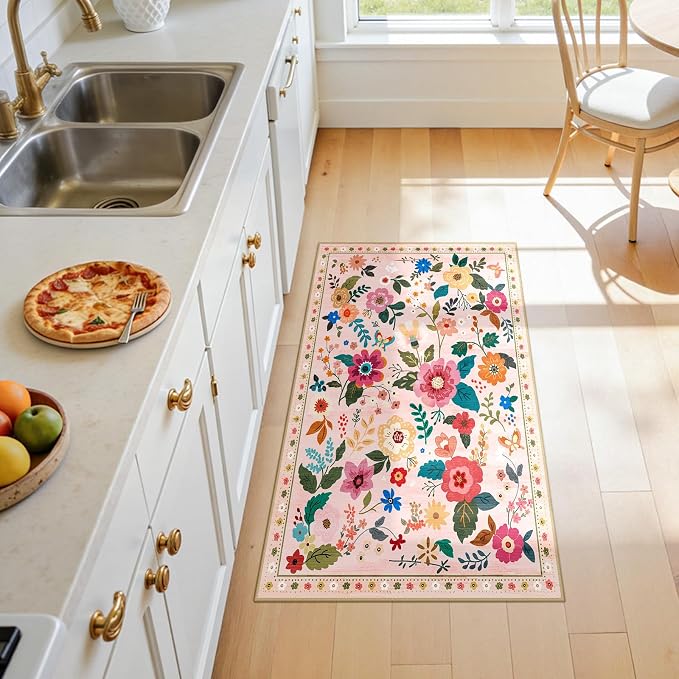 Floral Washable 2x4 Area Rugs Runner Entryway Hallway Pink | Flower Carpet, Print, Boho, Non-Slip, Easy to Clean, Low Pile, Soft, for Living Room Bedroom Kitchen Office Entrance