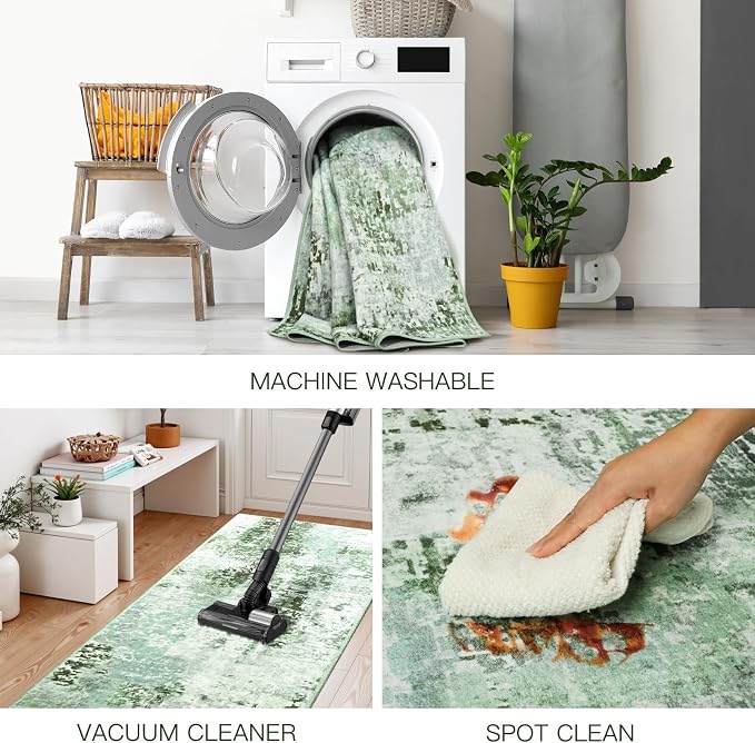 3x5 Green Washable Area Rug for Living Room Bedroom, Modern Abstract Non-Slip Rugs, Low Pile Soft Stain Resistant Carpet for Dining Room, Kitchen, Office, Dorm, Bedside Decor