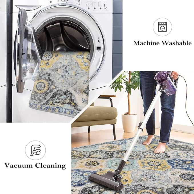 Lahome Moroccan Trellis Kitchen Rugs Non Slip Washable, 2x3 Rugs for Entryway Bathroom, Non-Slip Indoor Door Mat Ultra-Thin, Oriental Small Carpet for Bedroom Entry Elise, Yellow/Aqua