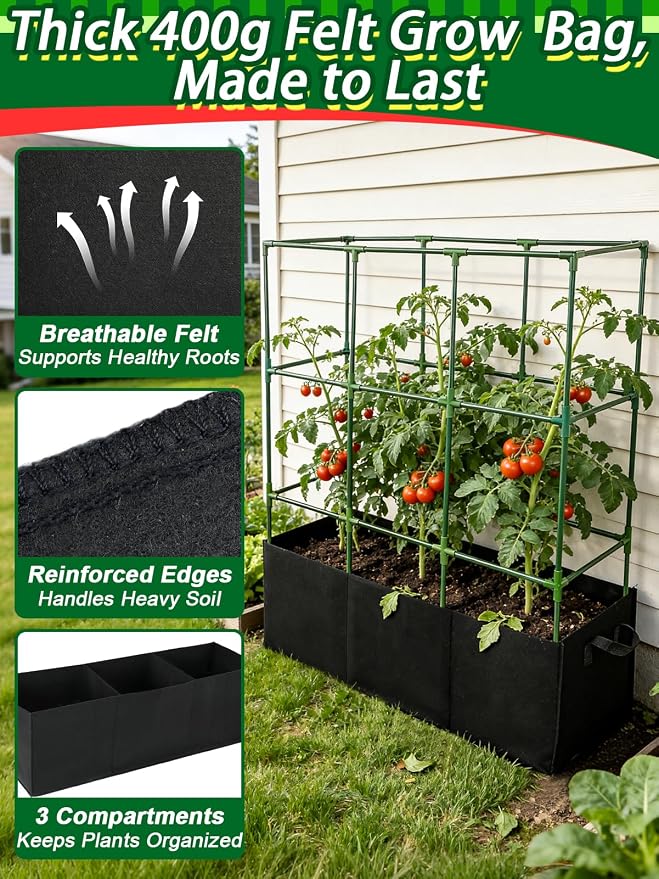 Tomato Cage with 3 Compartment 51 Gallon Grow Bag - 47" L × 15.7" W × 45" H Heavy Duty Square Tomato Planter Trellis, Easy to Assemble, for Garden Patio Balcony Climbing Vegetables Flowers Fruits