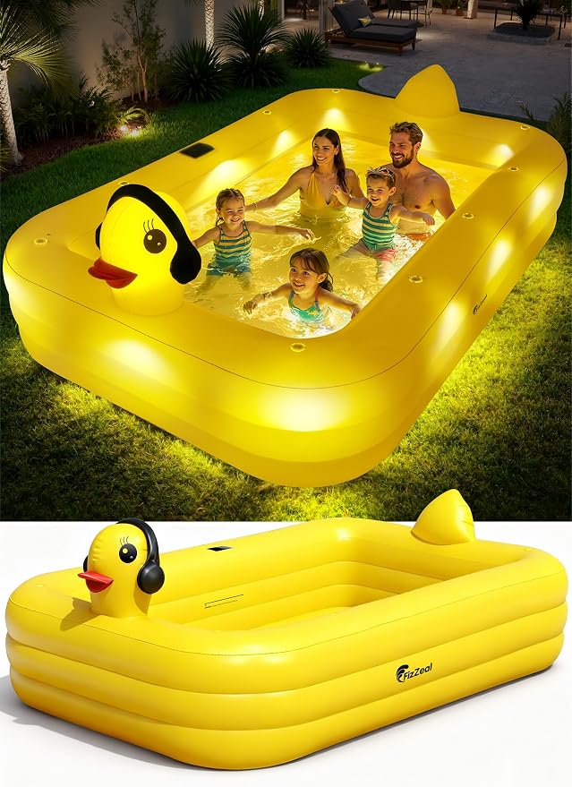 FizZeal Inflatable Pool with LED Lights,Solar Duck Inflatable Pool | 100*60*22 Thickened durable blow-up structure, suitable for kids, adults and family outdoor backyard water play