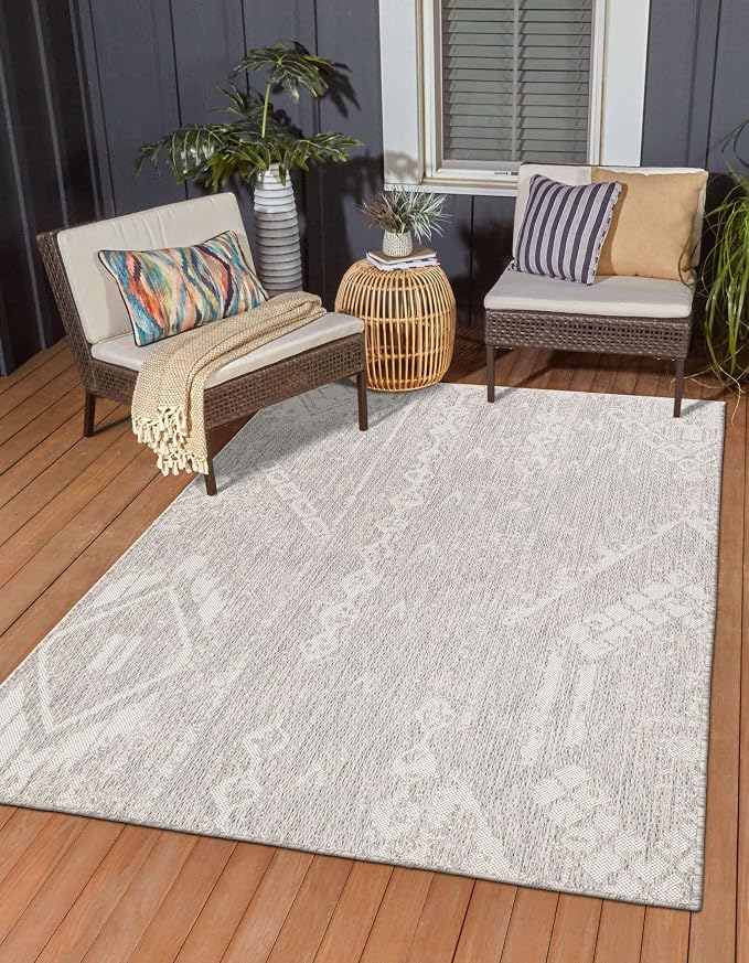 Unique Loom Outdoor Bohemian Collection Area Rug - Anthro (6' 1" x 9' Rectangle, Gray/ Ivory)