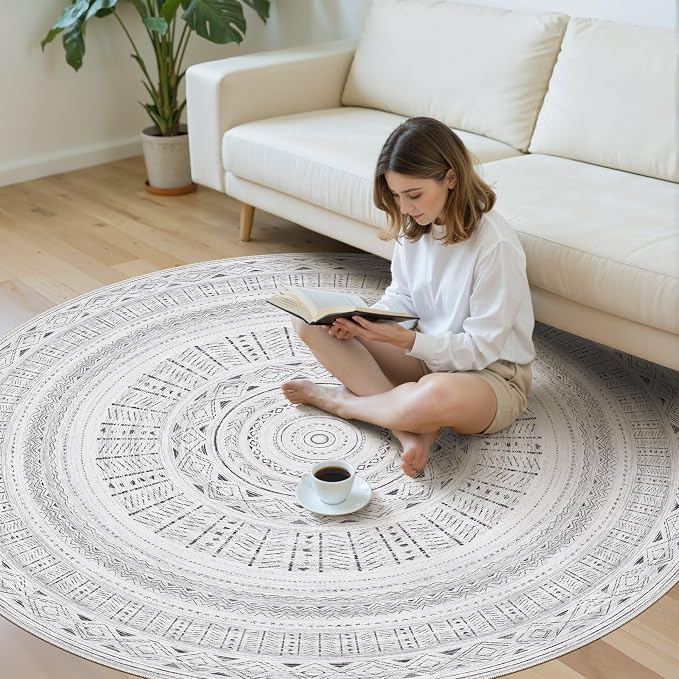 cotiled 6x6 Round Rug 6ft Circle Living Room Boho Area Rugs | Washable Foldable Indoor Carpet for Bedroom Home Office Dark Grey