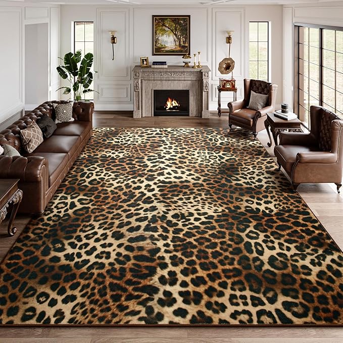 DweIke Leopard Rugs for Living Room, 4x6 Cheetah Print Rug for Bedroom Decor, Washable Non-Slip Stain Resistant Faux Animal Throw Carpet for Dining Room Office Western Home, Dark Brown
