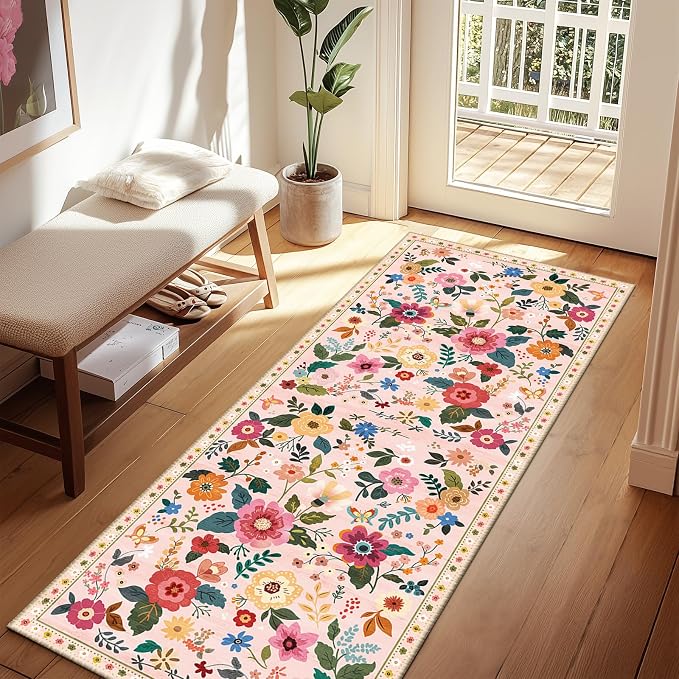 Floral Washable 2x6 Area Rugs Runner Entryway Hallway Pink | Flower Carpet, Print, Boho, Non-Slip, Easy to Clean, Low Pile, Soft, for Living Room Bedroom Kitchen Office Entrance