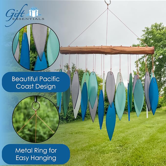 Blue Handworks Pacific Coast Glass Leaves Wind Chime | Sandblasted Glass and Found Wood Handcrafted Wind Chime