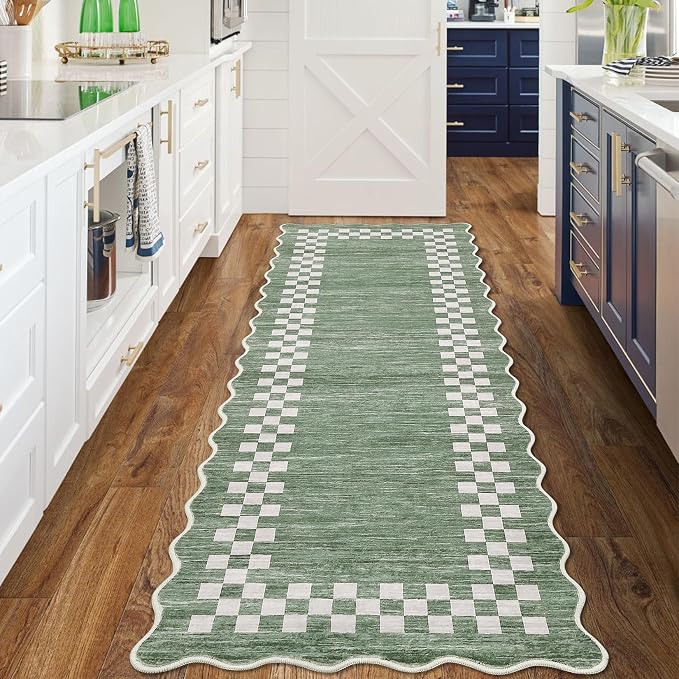 GarveeHome Rug Runners for Hallways 2x8 Washable Kitchen Runner Rug | Non Slip Low Pile Bedside Throw Carpet Modern Bordered Runners Checkered Rugs for Living Room Bedroom Entryway Nursery, Green