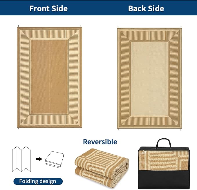 Waterproof Plastic Straw Outdoor Rug 9x18 Patio Reversible UV Resistant Foldable Camping Carpet Modern Striped Large Outdoor Rugs for Deck, Camper, Balcony, Beach，Light Brown/Coffee