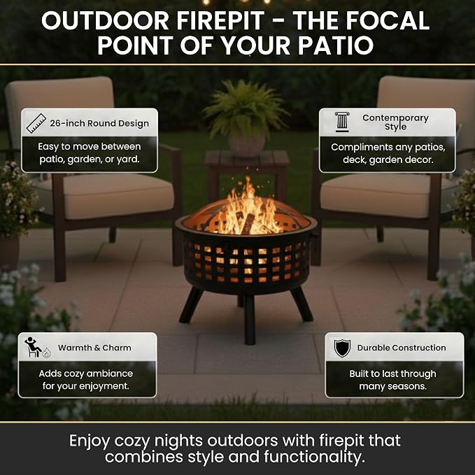 Outdoor Fire Pit - 26-Inch Round Lattice Wood Burning Firepit with Screen, Poker, Grate and Cover - Wood Fire Pits & Outdoor Fireplaces by Pure Garden