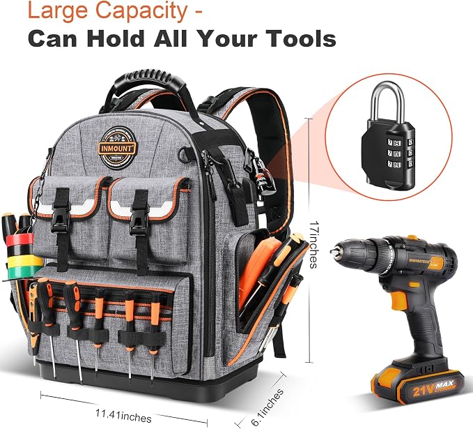 Tool Backpack Heavy Duty – LOKASS Tool Backpack with Molded Base, 1680D Tool Organizer with Laptop Compartment & Combination Lock, Water-Resistant Electrician & HVAC Tool Bag, Stands Upright