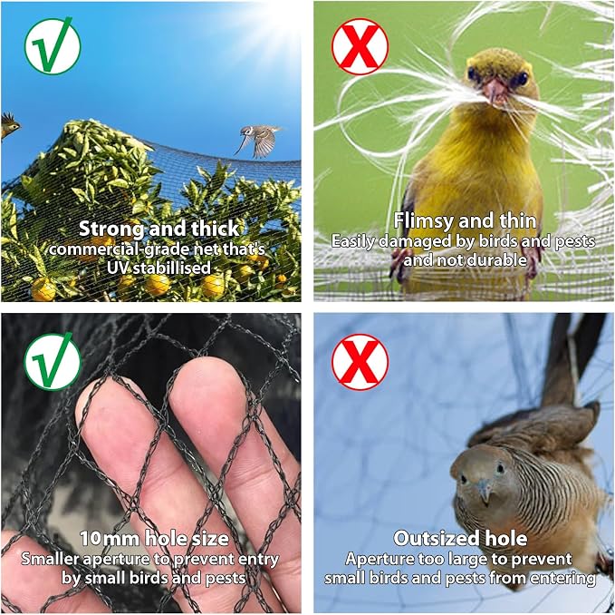 Bird Netting 3/8 Inch Mesh, 20 x 40 FT, HDPE, Rip-Resistant, Black | Tight diamond woven mesh blocks small birds | Allows bees & pollinators through | UV-stabilized | Stakes & ties included
