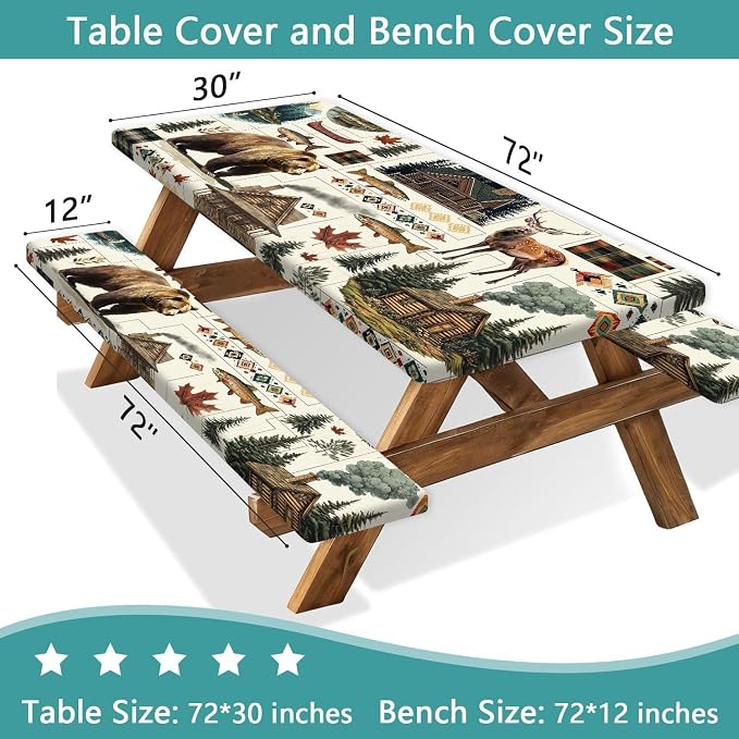 Picnic Table Cover with Bench Covers Camping Elastic Edge Essentials Waterproof Windproof Camping Tablecloth with Drawstring Bag, Fitted Rectangle Tables and Seats, 30X72 Inch, Rustic Cabin Bear Deer
