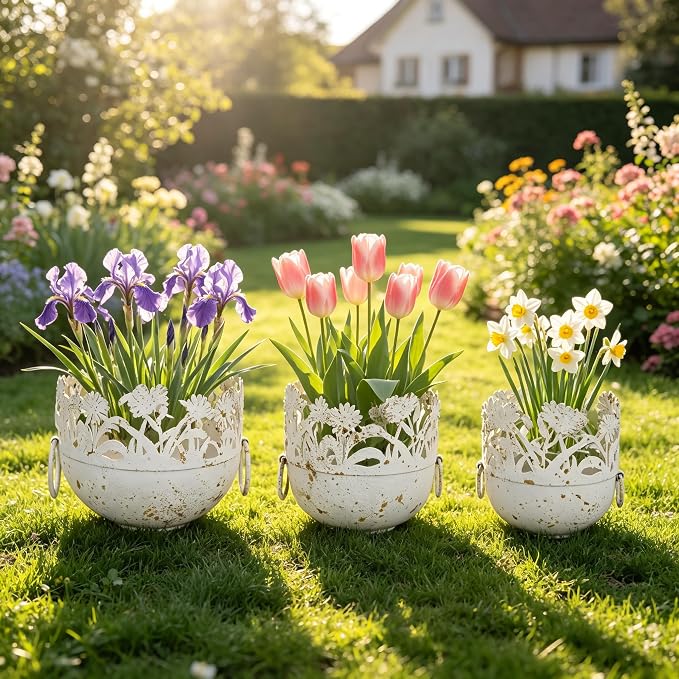 Vintage Metal Planter Set of 3, Rustic Distressed Flower Pots with Handles Farmhouse Floral Cutout Plant Containers for Indoor & Outdoor Garden Decor