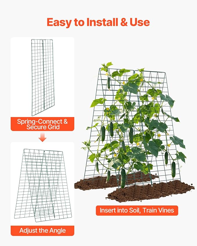 VEVOR Cucumber Trellis, 46" x 34" Foldable A-Frame Garden Trellises for Raised Bed, 4 Panels, Metal Rustproof Outdoor Climbing Plant Support with 2 Plant Bags for Vine, Peas, Beans, Tomato, Flowers