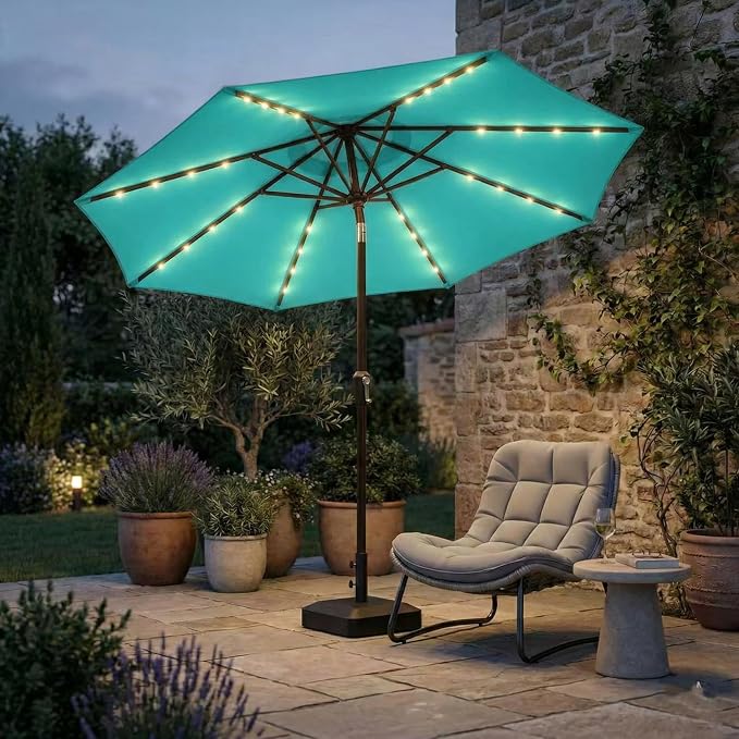 Kingdura 9FT Outdoor Patio Umbrella with Solar Lights, Market Table Umbrella with Push Button Tilt & Crank, 8 Sturdy Ribs, 32 LED Lights, UV Protection for Garden Lawn Deck Backyard Pool (Tiffany blue)