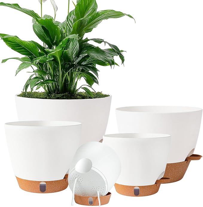 Self Watering Pots for Inoor Ourdoor Plants 10/9/8/7/6.5 Inch Plastic Planters with Drainage Holes & Water Level Indicator, Decorative House Flower Nursery Planting Pots with Saucers (White)
