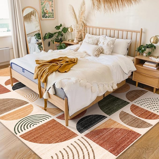 5x7 Area Rugs Washable,Boho Rugs Non Slip Modern Abstract Large | Throw Carpet for Living Room Bedroom Dining Room Soft Low Pile Floor Indoor Bohemian Terracotta