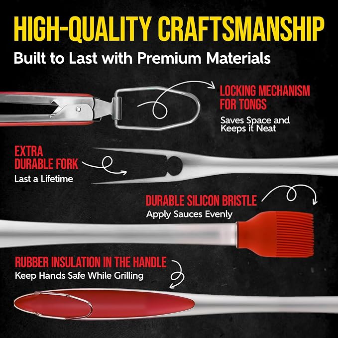 Kaluns BBQ Grilling Accessories, Grilling Gifts for Men Dad, Grill Tools for Outdoor Grill, Heavy Duty Stainless Steel Grill Set with Spatula, Tongs, Fork, Brush, & Grilling Mat, Best BBQ Gifts