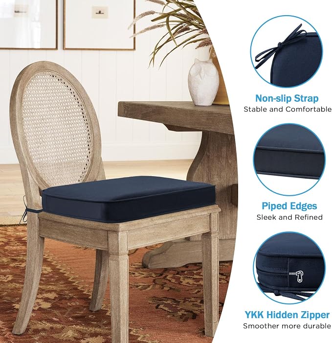 17 x 16 Inch Sunbrella Outdoor Chair Cushions with Tie Straps, Set of 4 Thick Water Repellent Round Patio Chair Pads for Garden Lawn Patio Furniture, Canvas Navy