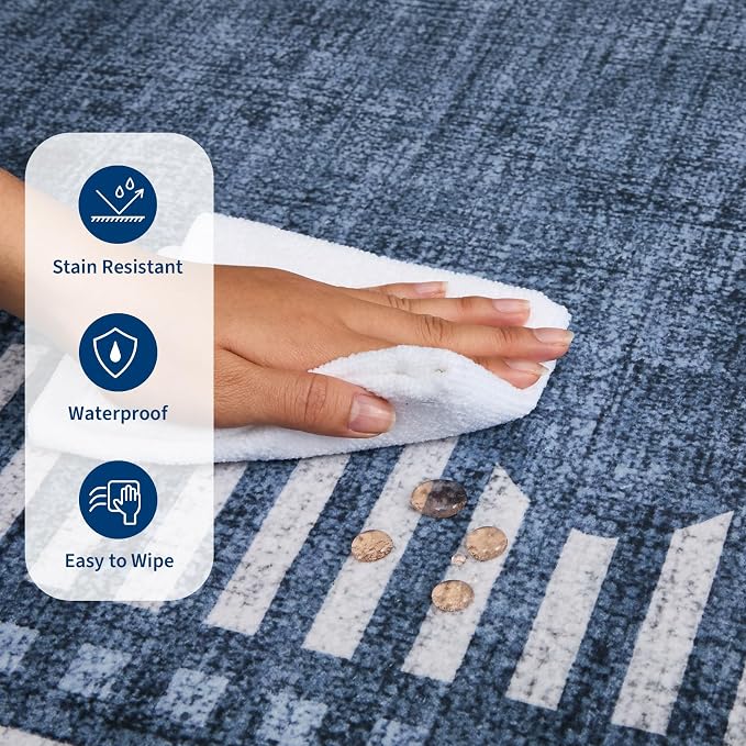 Garvee 4x6 Scalloped Area Rugs Living Room Bedroom Washable Neutral Rug | Modern Gometric Blue Solid Color Nursery Rugs Low Pile Stain Resistant Non Slip Kitchen Entry Home Office Throw Carpet