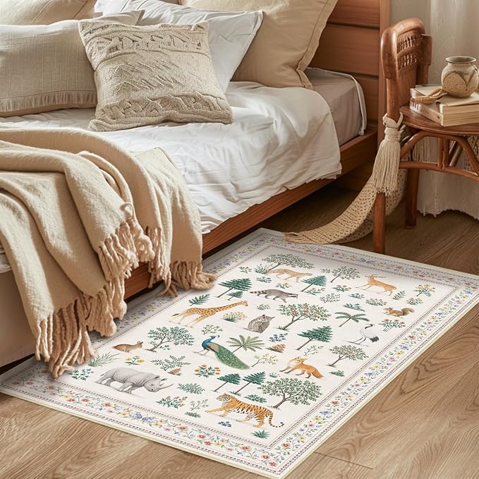 Jungle Animal Print Rug 2x3 for Entryway Wild Zoo Animals Forest Area Rugs Machine Washable Rug Non Slip Print Low Pile Indoor Front Door Mat for Kids Room Nursery Bathroom Playroom Kitchen,Beige