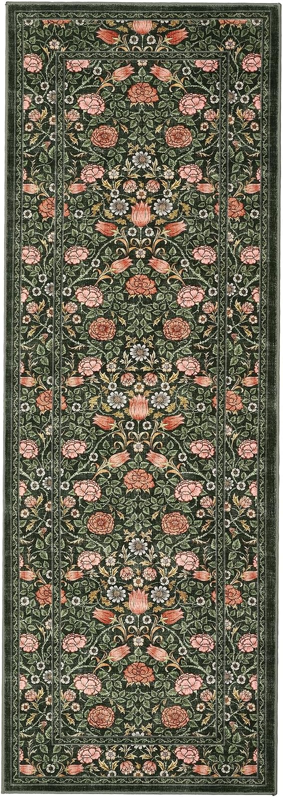 GarveeHome Dark Green Floral 2x6 Kitchen Runner Rug for Hallways | Washable Entryway Bedroom Bathroom Dorm Rug Vintage Boho Rugs Low-Pile Non-Slip Stain Resistant TPE Backing