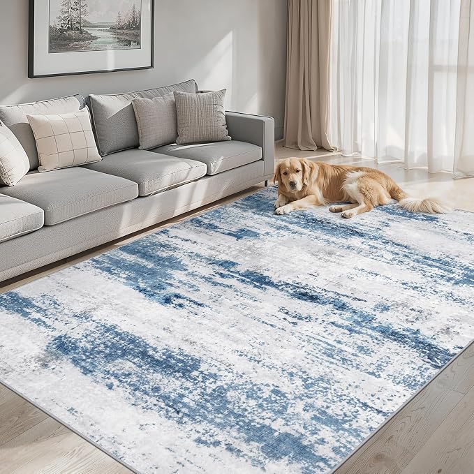 PLHXFR 6x9 Area Rug Living Room: Abstract Washable Carpet White Blue | For Bedroom Dining Room Farmhouse Nursery Home,Machine washable,Non Slip,Large Soft Neutral,Stain Resistant, Indoor Floor