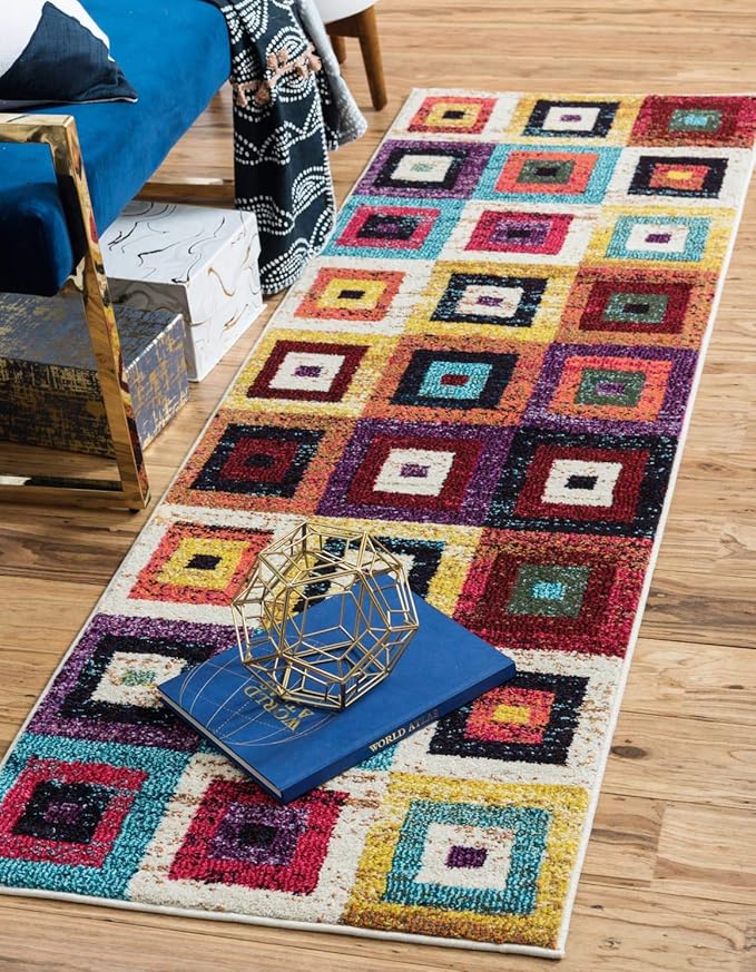 Unique Loom Estrella Collection Colorful, Geometric, Squares Modern, Abstract Area Rug (2' 7 x 10' 0 Runner, Multi/Beige)