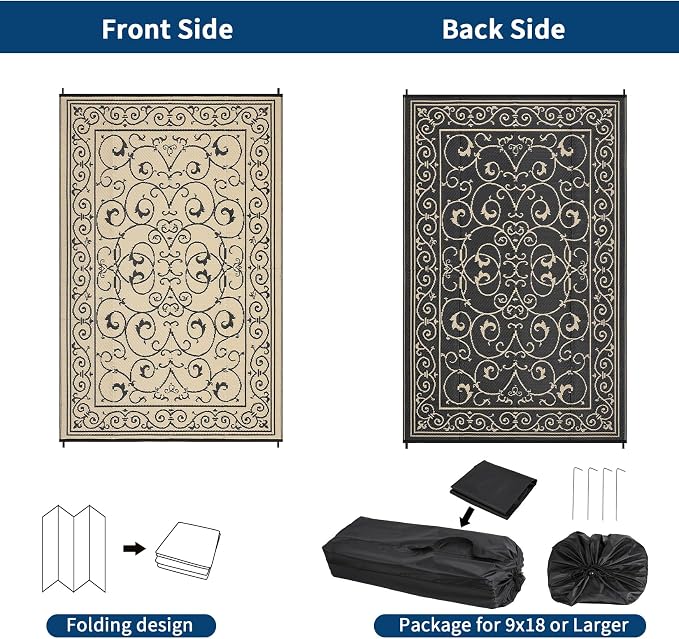 Garvee Outdoor Rug 9x18 Outdoor Patio Rug Reversible Plastic Straw Rugs Waterproof Foldable Mat Easy Clean Lightweight Carpet for Backyard Camping Porch RV Beach Balcony Deck Picnic Vintage Beige