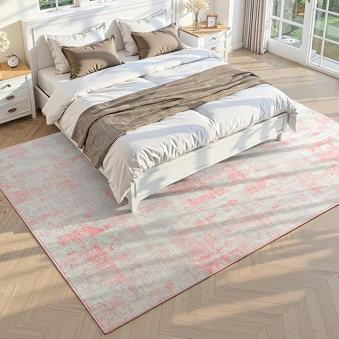 Toneed Washable 5x7 Area Rug with Non-Slip Backing for Living Room | Abstract Modern Rugs, Soft Low Pile Carpet for Bedroom Kitchen Dining Room Nursery Indoor Floor Office Home Decor, Pink Grey