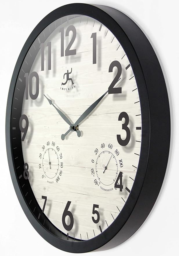 Concordia 17.5-Inch Indoor/Outdoor Waterproof Wall Clock with Built-in Hygrometer & Thermometer. Light Wood Clock Face with Black Frame, Silent Battery Operated, Round Clock Wall Decor for Patio/Home