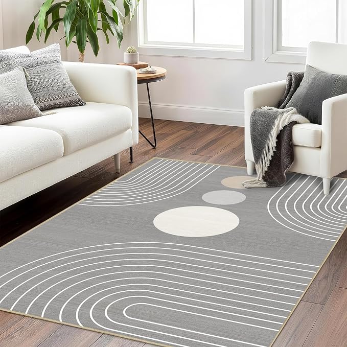 Boho Rug 3x5 Modern Geometric Minimalist Abstract Line Area Rug for Entryway Living Room Grey Mid Century Modern Machine Washable Non-Slip Printed Low-Pile Floor Carpet for Kitchen Bedroom Gray