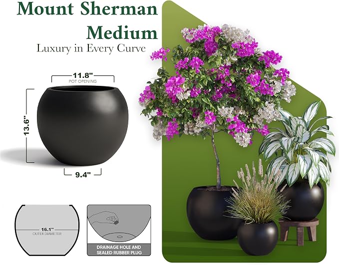 DTY Fiberstone Large Round Planter for Indoor Outdoor Use — Ball Globe Pot for Olive Tree, Monstera & Large Plants, Lightweight, UV Resistant, Drainage Hole, Coco Mat Included, Black, Medium 16.1'' D