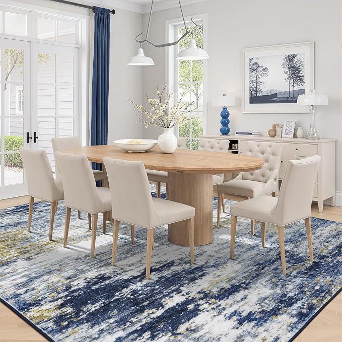 8x10 Area Rug for Living Room, Abstract Washable Large Rugs, Dark Blue | Neutral Carpet for Bedroom, Dining Room, Home Office, Nursery,Indoor, Stain Resistant, Non-Slip, Low Pile, Modern Rug