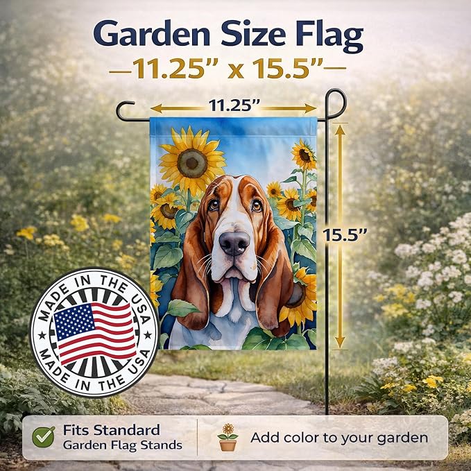 Caroline's Treasures DAC6018GF Basset Hound in Sunflowers Garden Flag Mailbox Flag Decorative Yard Flag Banner Outside Patio Artwork Yard Flower Beds, Garden Size, Multicolor