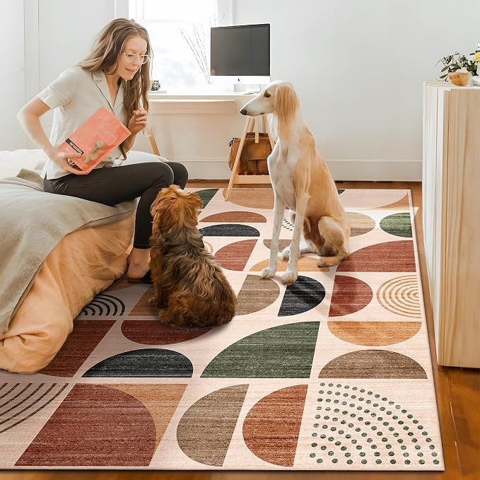 Washable Area Rug 6x9,Boho Rugs Non Slip Modern Abstract Large | Throw Carpet for Living Room Bedroom Dining Room Soft Low Pile Floor Indoor Bohemian Terracotta