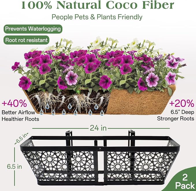 ZeeDix Railing Planter Boxes, 24 Inch Window Flower Box Planters with Coco Liner & Adjustable Brackets for Deck Porch Fence Patio Balcony Gardening Outdoor Plants (2 Pack)