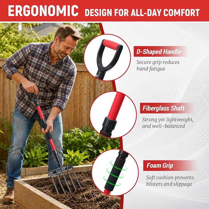 Garden Fork, 43 Inch Pitch Fork with Fiberglass Handle & Foot Bracket, Heavy Duty 5-Tine Pitchfork for Gardening, Breaking up Dirt, Loosening Soil, Digging Potatoes, Turning Compost, Mulching, Weeding