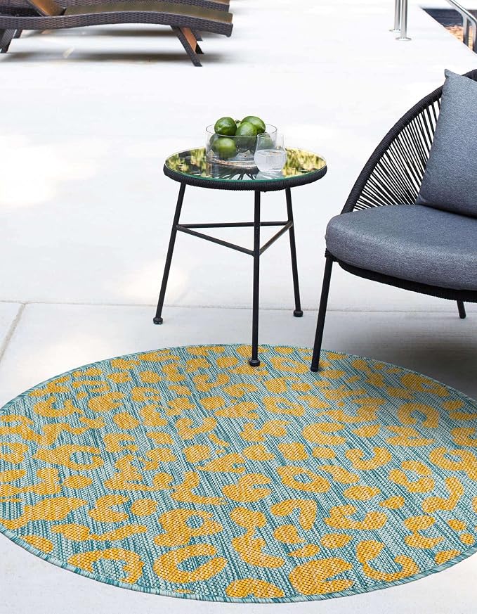 Unique Loom Outdoor Safari Collection Area Rug - Leopard (3' Round, Blue Yellow/ Blue)