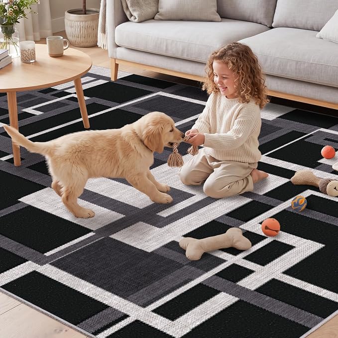 Pionblank Modern Geometric Area Rugs for Bedroom, Black White Grey 4x6 Rug | Charcoal Black Patchwork Blocks Indoor Carpet for Living Room Dining Room Office | Soft Low-Pile Floor Rug | Non-Slip