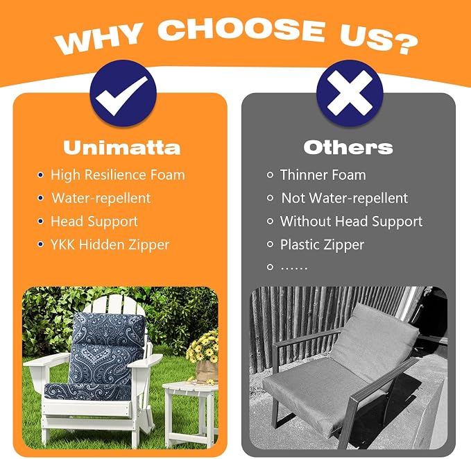 Unimatta Outdoor High Back Chair Cushion Seat Pads, 44 x 21 Inch Water-Repellent & Fade-Resistant Patio Furniture Cushions with Ties for Adirondack, Rocking Chairs, Damask Blue Flower
