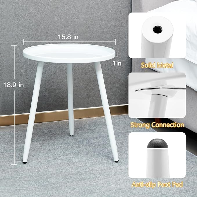 Linpla End/Side Tables - Small Round Accent Table, Metal White Narrow Night Stands with 3 Legs, Ideal for Any Room-Side Tables Living Room, Bedroom, Plant Stand Balcony, Indoor & Outdoor